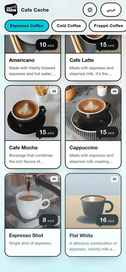 The Cafe Cache menu, Dubai, built by Menu Sadah